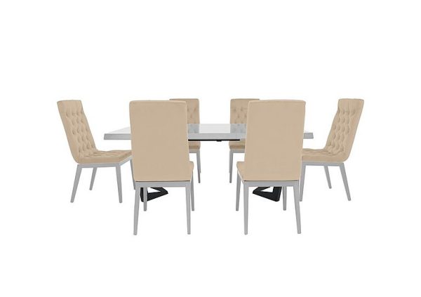 Palazzo 160cm Extending Dining Table in Glossy White with 6 Capitonne Buttoned Chairs Aquos Cream