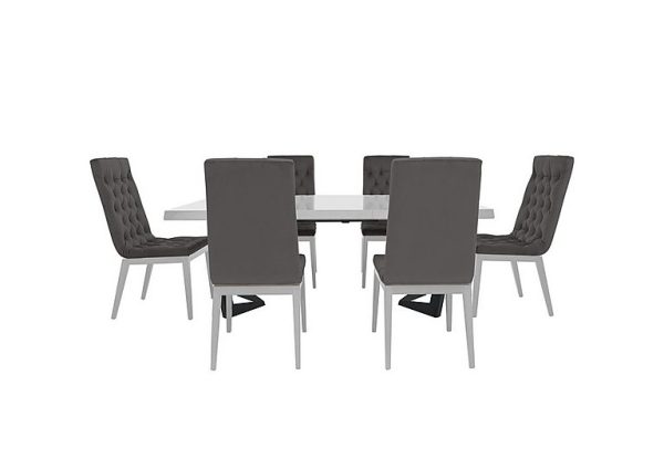 Palazzo 160cm Extending Dining Table in Glossy White with 6 Capitonne Buttoned Chairs Aquos Dark Grey