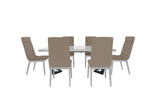 Palazzo 160cm Extending Dining Table in Glossy White with 6 Capitonne Buttoned Chairs Aquos Taupe