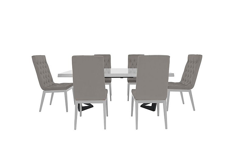 Palazzo 160cm Extending Dining Table in Glossy White with 6 Capitonne Buttoned Chairs Scarlet Silver