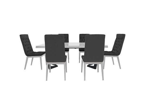 Palazzo 160cm Extending Dining Table in Glossy White with 6 Capitonne Buttoned Chairs   Scarlet Dark Grey