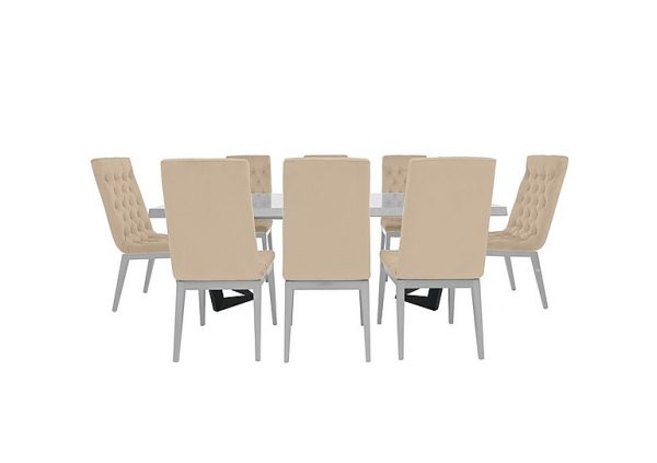 Palazzo 160cm Extending Dining Table in Glossy White with 8 Capitonne Buttoned Chairs Aquos Cream