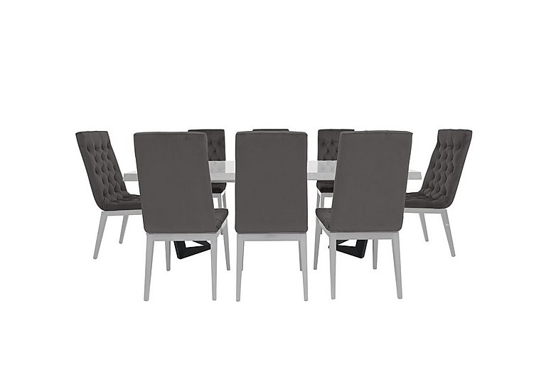 Palazzo 160cm Extending Dining Table in Glossy White with 8 Capitonne Buttoned Chairs Aquos Dark Grey