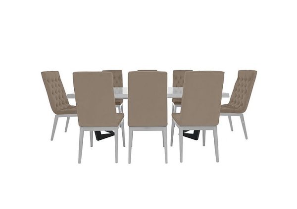 Palazzo 160cm Extending Dining Table in Glossy White with 8 Capitonne Buttoned Chairs Aquos Taupe