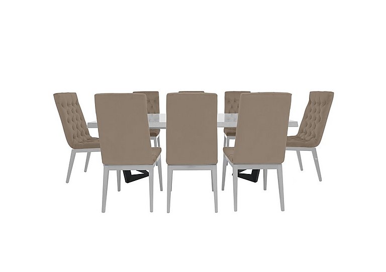 Palazzo 160cm Extending Dining Table in Glossy White with 8 Capitonne Buttoned Chairs Aquos Taupe