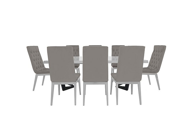 Palazzo 160cm Extending Dining Table in Glossy White with 8 Capitonne Buttoned Chairs Scarlet Silver