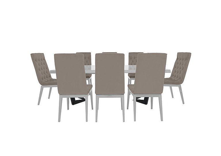 Palazzo 160cm Extending Dining Table in Glossy White with 8 Capitonne Buttoned Chairs Scarlet Taupe