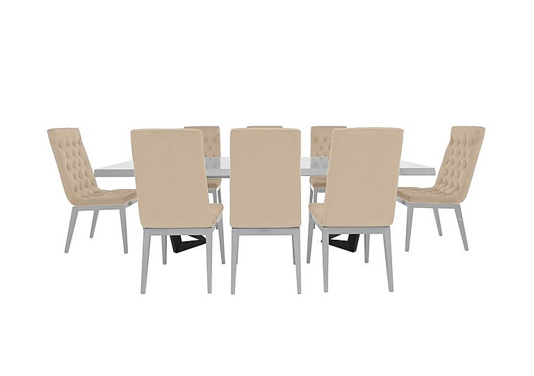 Palazzo 200cm Extending Dining Table in Glossy White with 8 Capitonne Buttoned Chairs Aquos Cream