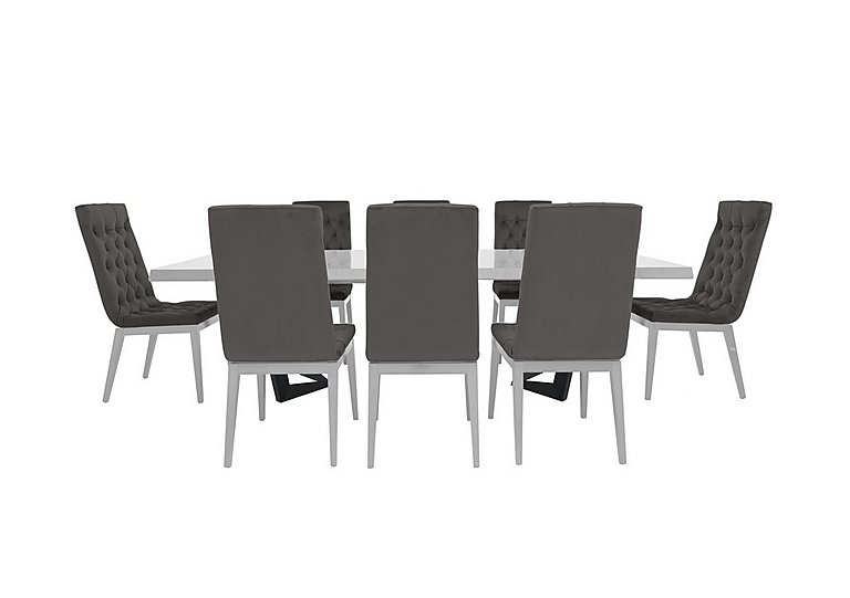 Palazzo 200cm Extending Dining Table in Glossy White with 8 Capitonne Buttoned Chairs Aquos Dark Grey