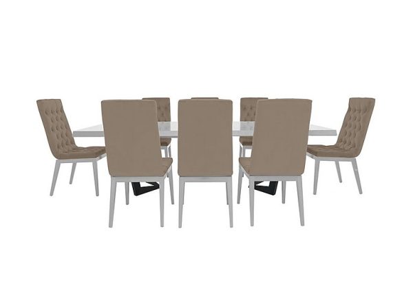 Palazzo 200cm Extending Dining Table in Glossy White with 8 Capitonne Buttoned Chairs Aquos Taupe