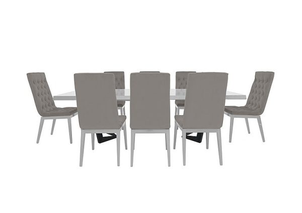 Palazzo 200cm Extending Dining Table in Glossy White with 8 Capitonne Buttoned Chairs Scarlet Silver