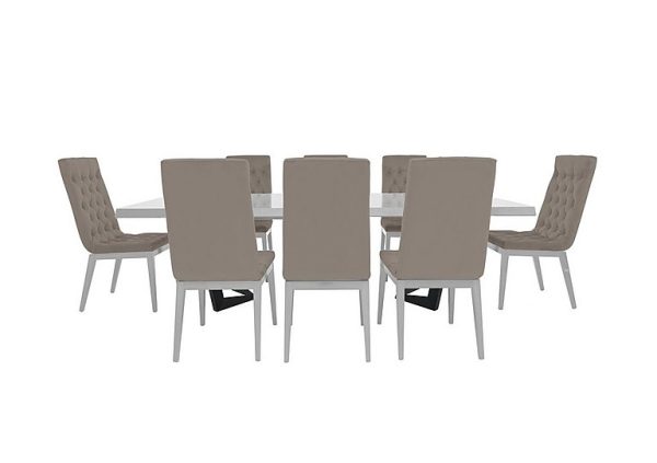 Palazzo 200cm Extending Dining Table in Glossy White with 8 Capitonne Buttoned Chairs Scarlet Taupe