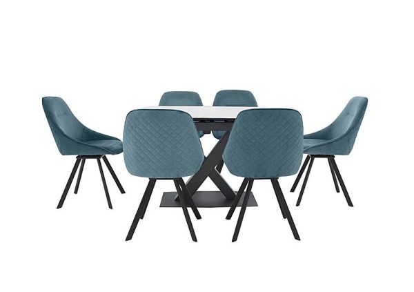 Arctic Extending Dining Table with White Top and 6 Swivel Chairs Blue