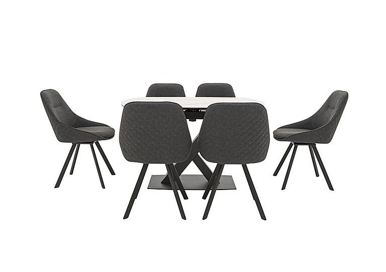 Arctic Extending Dining Table with White Top and 6 Swivel Chairs Dark Grey