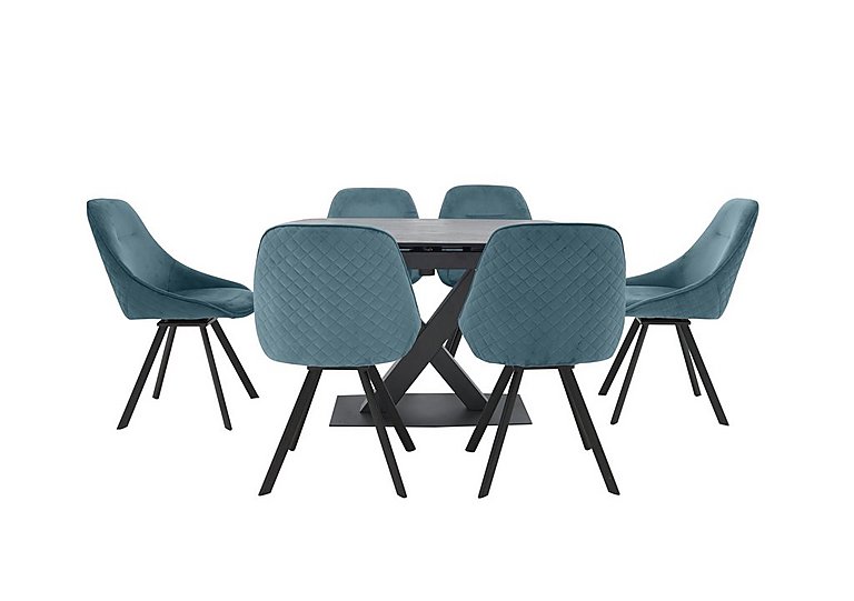 Arctic Extending Dining Table with Graphite Top and 6 Swivel Chairs Blue