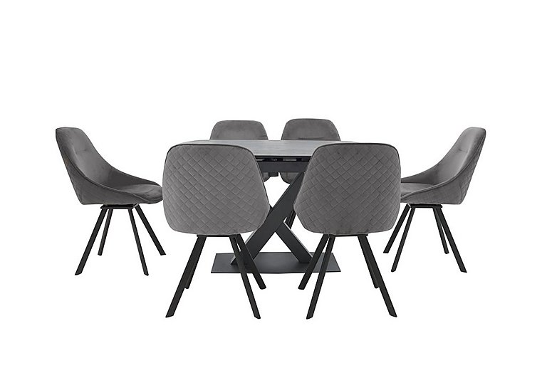 Arctic Extending Dining Table with Graphite Top and 6 Swivel Chairs Light Grey