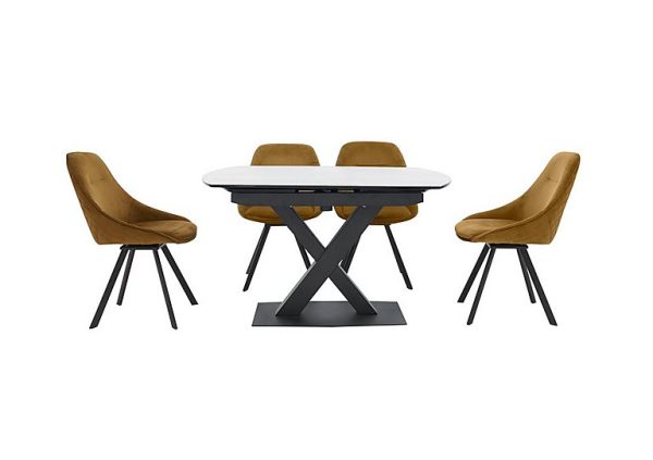 Arctic Extending Dining Table with Graphite Top and 4 Swivel Chairs Mustard Velvet