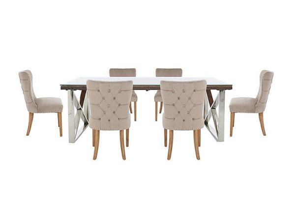 Chennai Dining Table with X Leg Base and 6 Luxe Chairs 180 cm Taupe