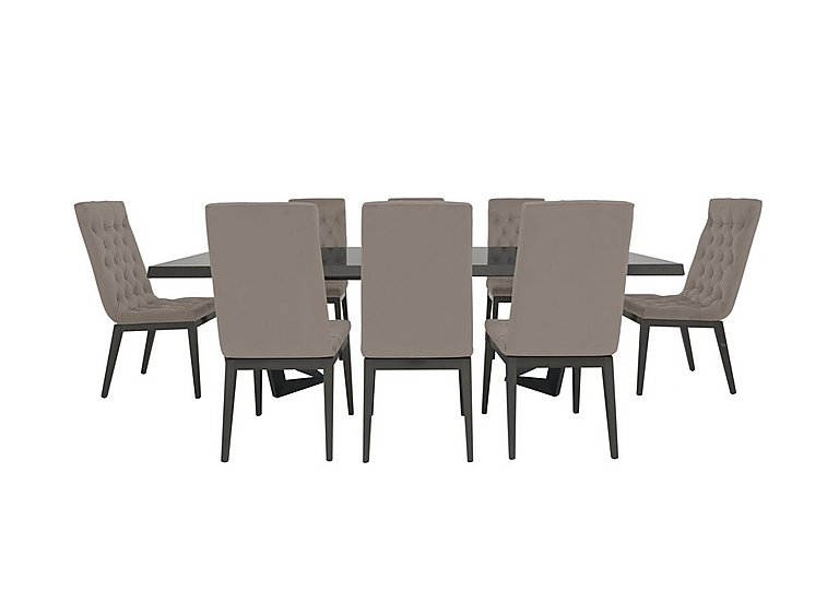 Palazzo 200cm Extending Dining Table in Silver Birch with 8 Capitonne Buttoned Chairs Scarlet Taupe