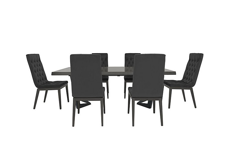 Palazzo 200cm Extending Dining Table in Silver Birch with 6 Capitonne Buttoned Chairs Scarlet Dark Grey