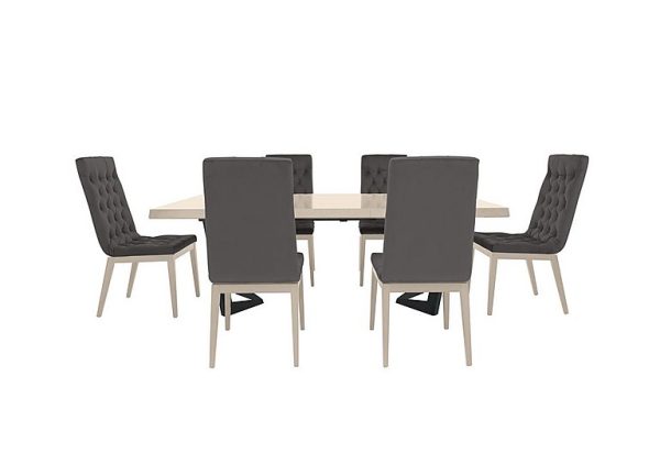 Palazzo 200cm Extending Dining Table in Sand Birch with 6 Capitonne Buttoned Chairs Aquos Dark Grey