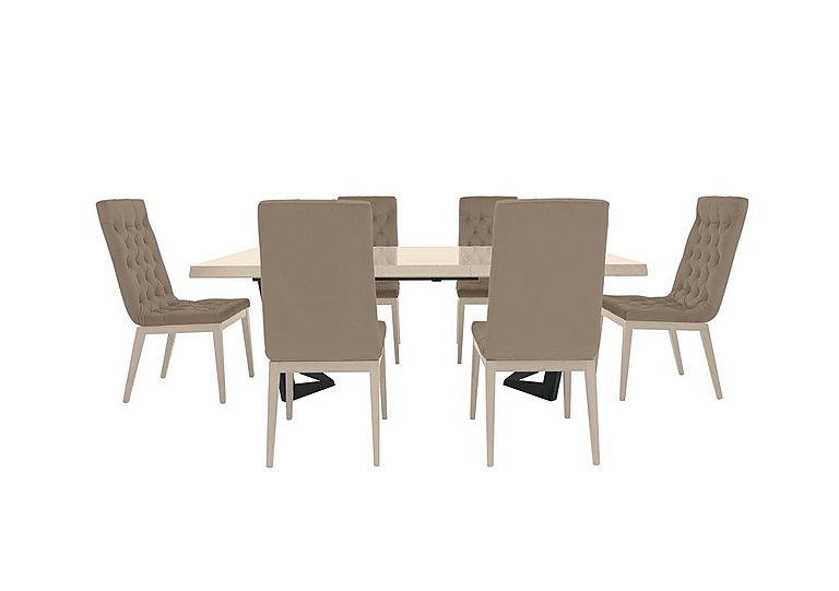 Palazzo 200cm Extending Dining Table in Sand Birch with 6 Capitonne Buttoned Chairs Aquos Taupe