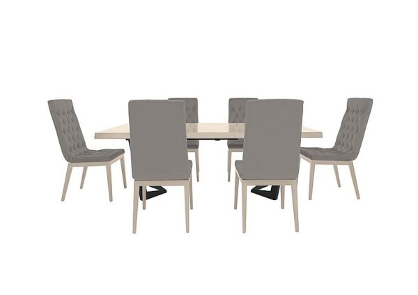 Palazzo 200cm Extending Dining Table in Sand Birch with 6 Capitonne Buttoned Chairs Scarlet Silver