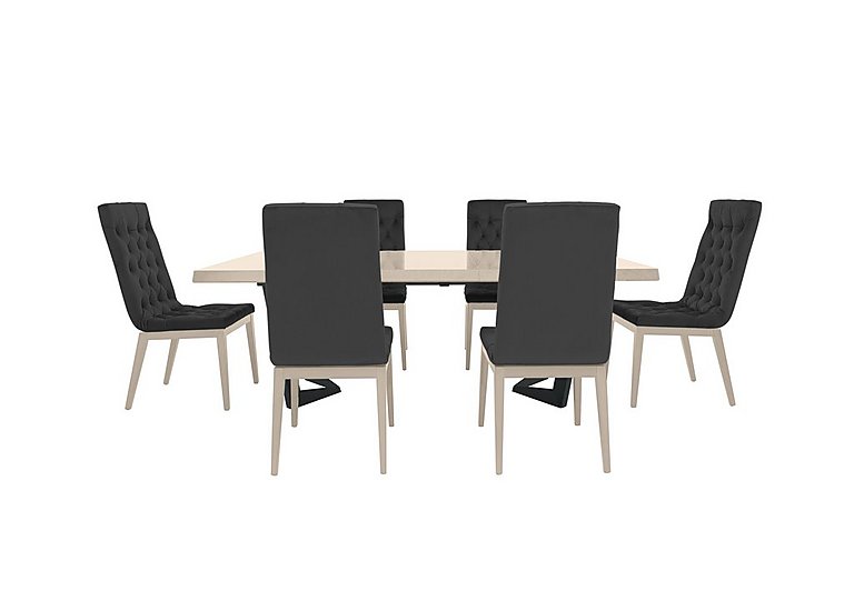 Palazzo 200cm Extending Dining Table in Sand Birch with 6 Capitonne Buttoned Chairs Scarlet Dark Grey