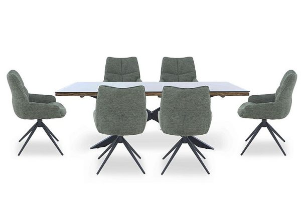 Kiara Large Rectangular Dining Table with Black Legs and 6 Swivel Fabric Chairs Forest