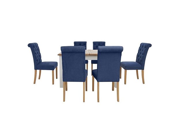 Furnitureland Hamilton Rectangular Extending Dining Table and 6 Button Back Chairs Denim