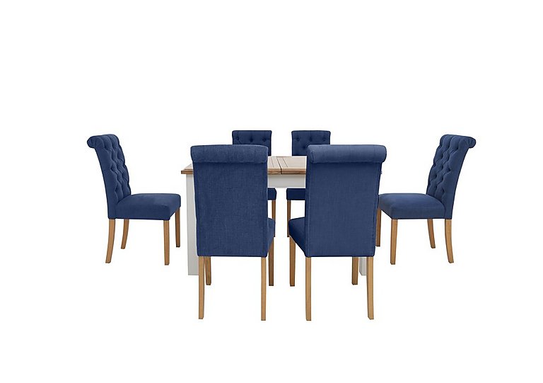 Furnitureland Hamilton Rectangular Extending Dining Table and 6 Button Back Chairs Denim