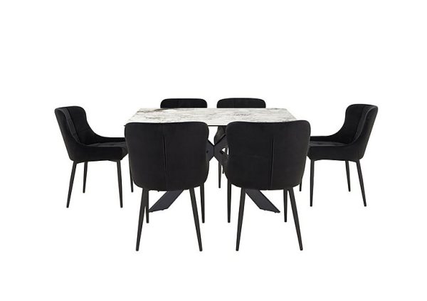 Kos Dining Table with 6 Velvet Chairs Set Black