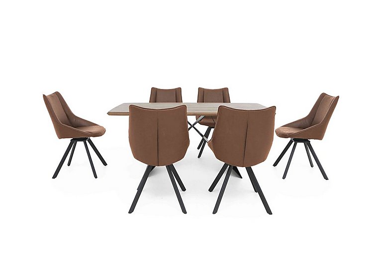 Lucio 170cm Dining Table with 6 Faux Leather Swivel Chairs Brown