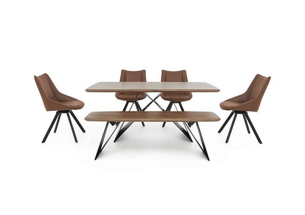 Lucio 170cm Dining Table with 150cm Bench and 4 Faux Leather Swivel Chairs Brown