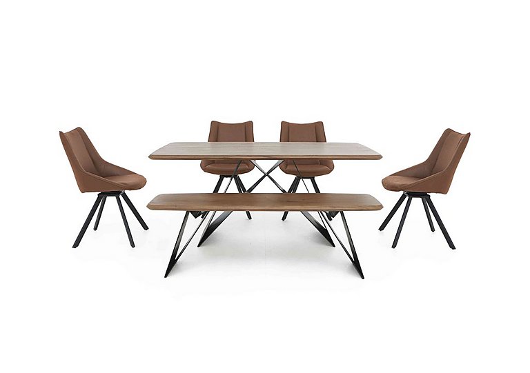 Lucio 170cm Dining Table with 150cm Bench and 4 Faux Leather Swivel Chairs Brown