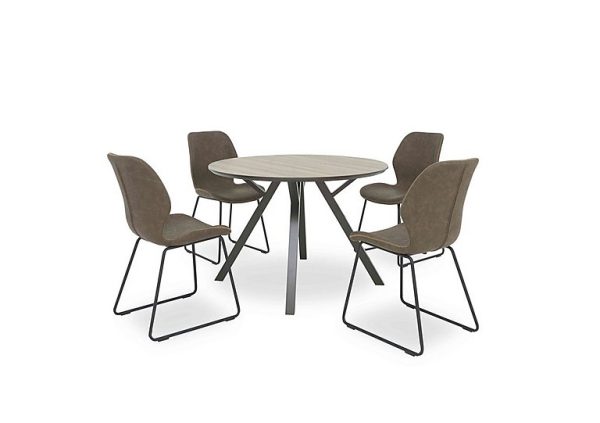 Pedro Round Dining Table with 4 Faux Leather Ski Leg Chairs Light Brown