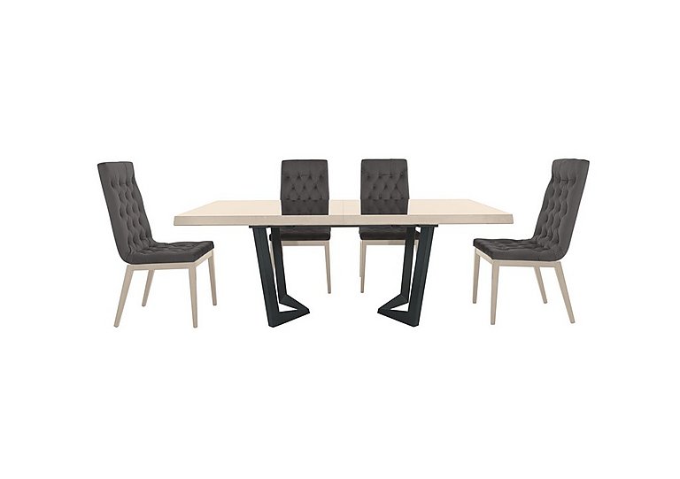 Palazzo 200cm Extending Dining Table in Sand Birch with 4 Capitonne Buttoned Chairs Aquos Dark Grey