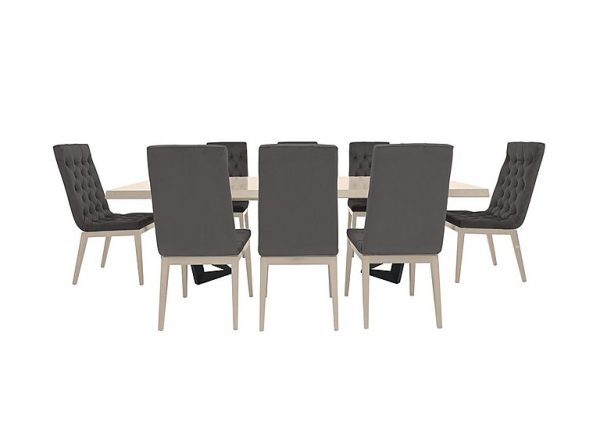 Palazzo 200cm Extending Dining Table in Sand Birch with 8 Capitonne Buttoned Chairs Aquos Dark Grey