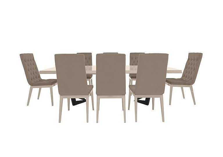 Palazzo 200cm Extending Dining Table in Sand Birch with 8 Capitonne Buttoned Chairs Aquos Taupe