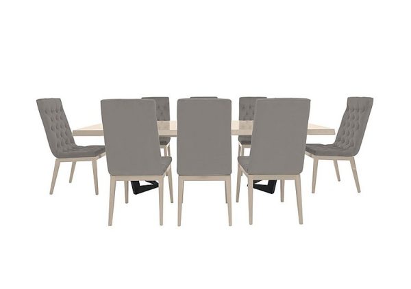 Palazzo 200cm Extending Dining Table in Sand Birch with 8 Capitonne Buttoned Chairs Scarlet Silver