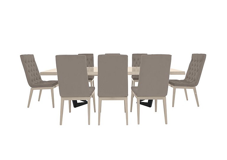 Palazzo 200cm Extending Dining Table in Sand Birch with 8 Capitonne Buttoned Chairs Scarlet Taupe