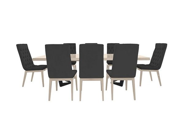 Palazzo 200cm Extending Dining Table in Sand Birch with 8 Capitonne Buttoned Chairs Scarlet Dark Grey