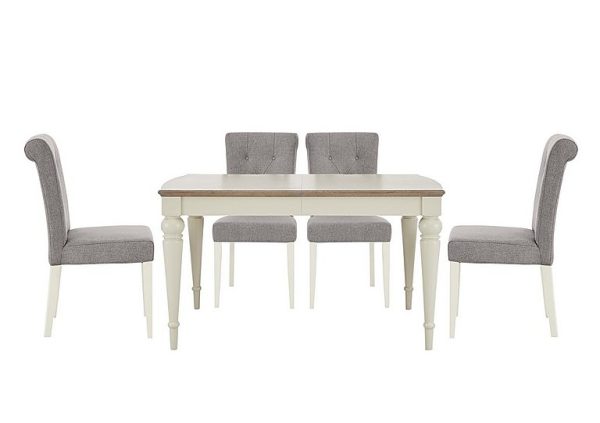 Furnitureland Annecy Extending Dining Table and 4 Upholstered Fabric Roll Back Chairs Soft Grey