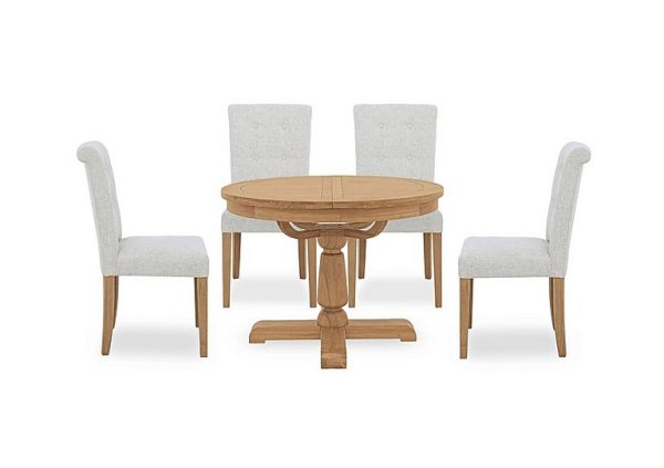 Augusta Round Extending Dining Table and 4 Roll Back Upholstered Chairs