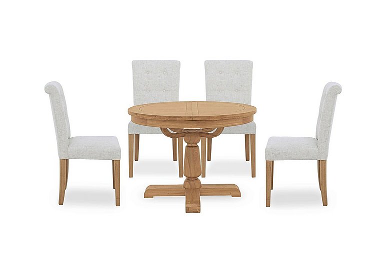 Augusta Round Extending Dining Table and 4 Roll Back Upholstered Chairs