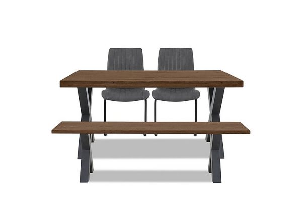 Bodahl Compact Terra Straight Edge Dining Table with X Shaped Legs and 160cm Bench and 2 Grey Chairs Desert