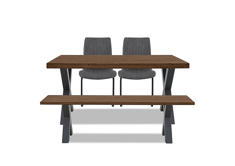 Bodahl Compact Terra Straight Edge Dining Table with X Shaped Legs and 160cm Bench and 2 Grey Chairs Desert