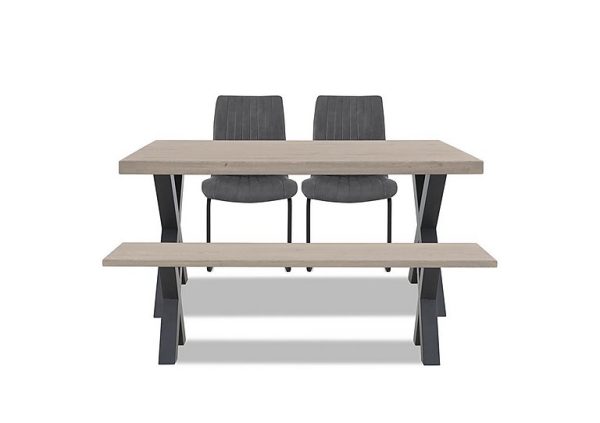 Bodahl Compact Terra Straight Edge Dining Table with X Shaped Legs and 160cm Bench and 2 Grey Chairs White Wash