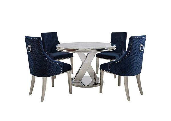 Dolce Round Dining Table and 4 Button Back Chairs Navy