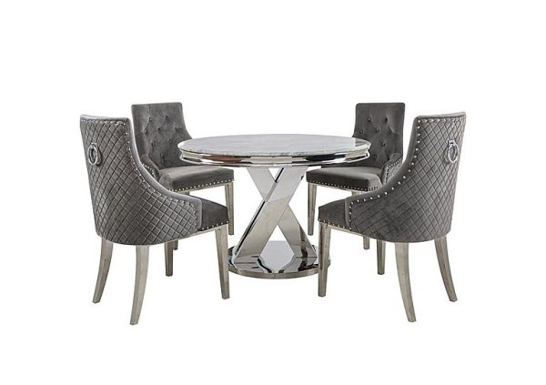 Dolce Round Dining Table and 4 Button Back Chairs Silver